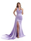 Sexy Halter Side Slit V-neck Mermaid Soft Satin Long Bridesmaid Dresses Online