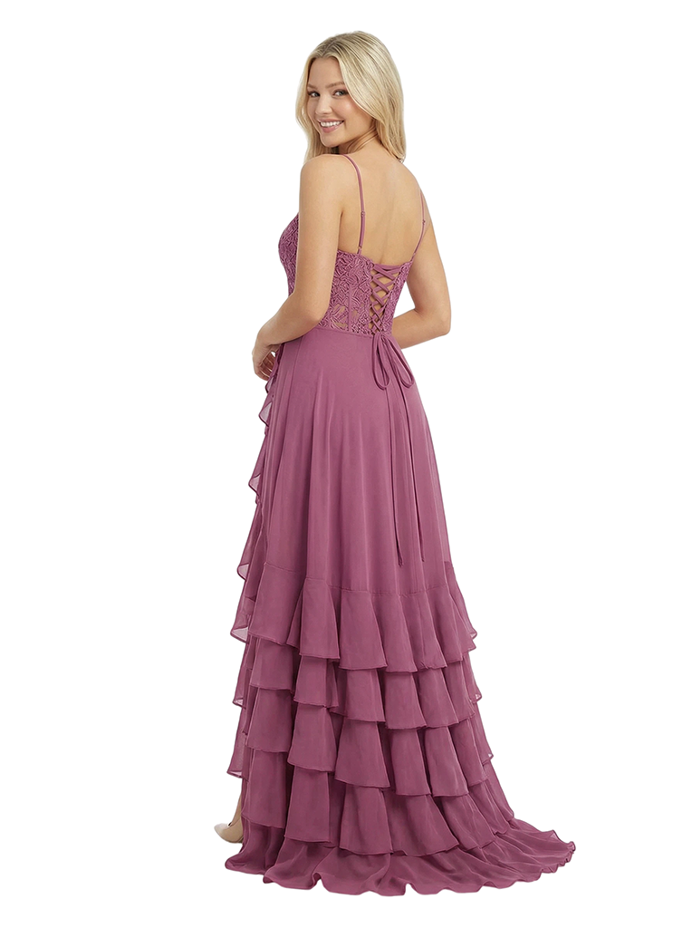 Stunning Corset Spaghetti Straps Side Slit Lace Ruffle Chiffon Prom Gown Unique A-Line Long Dress