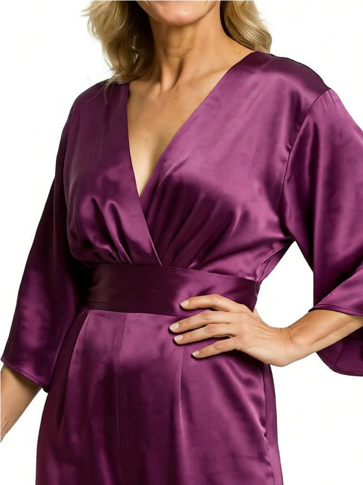 Chicsew Vintage V-Neck 3/4 Sleeves Satin Floor Length Mother of The Bride Jumpsuit