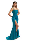 Sexy Mermaid Side Slit Spaghetti Straps Soft Satin Unique Long Bridesmaid Dress Online