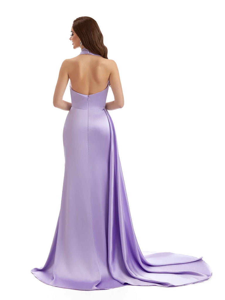 Sexy Halter Side Slit V-neck Mermaid Soft Satin Long Bridesmaid Dresses Online