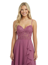 Stunning Corset Spaghetti Straps Side Slit Lace Ruffle Chiffon Prom Gown Unique A-Line Long Dress