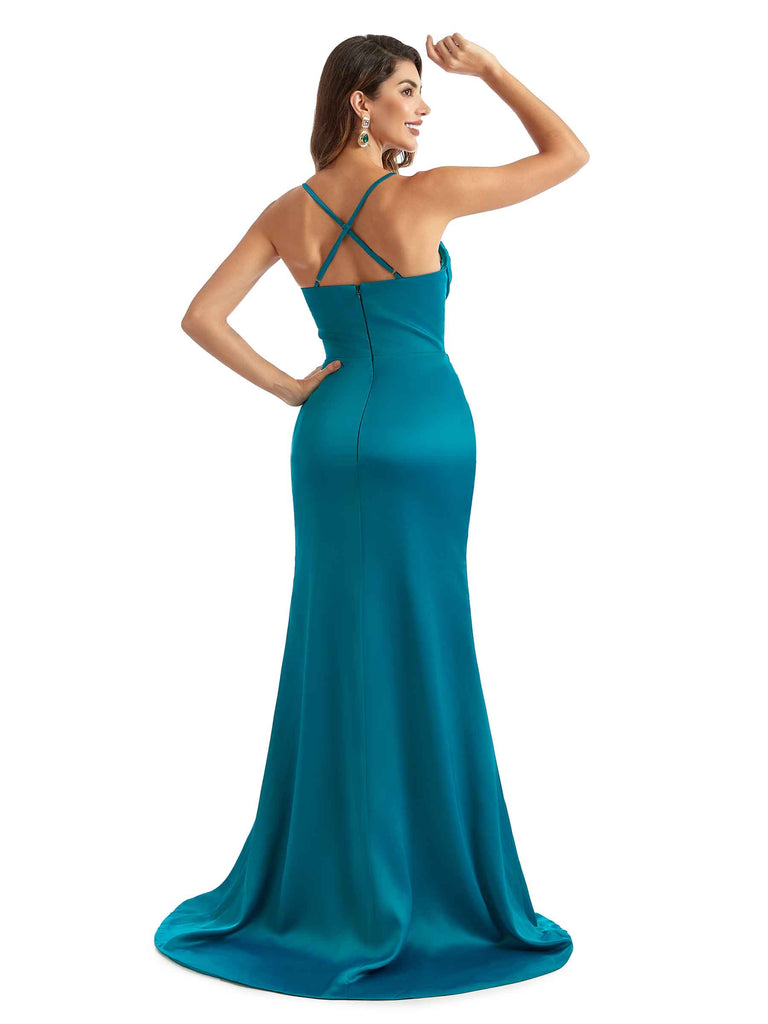 Sexy Mermaid Side Slit Spaghetti Straps Soft Satin Unique Long Bridesmaid Dress Online