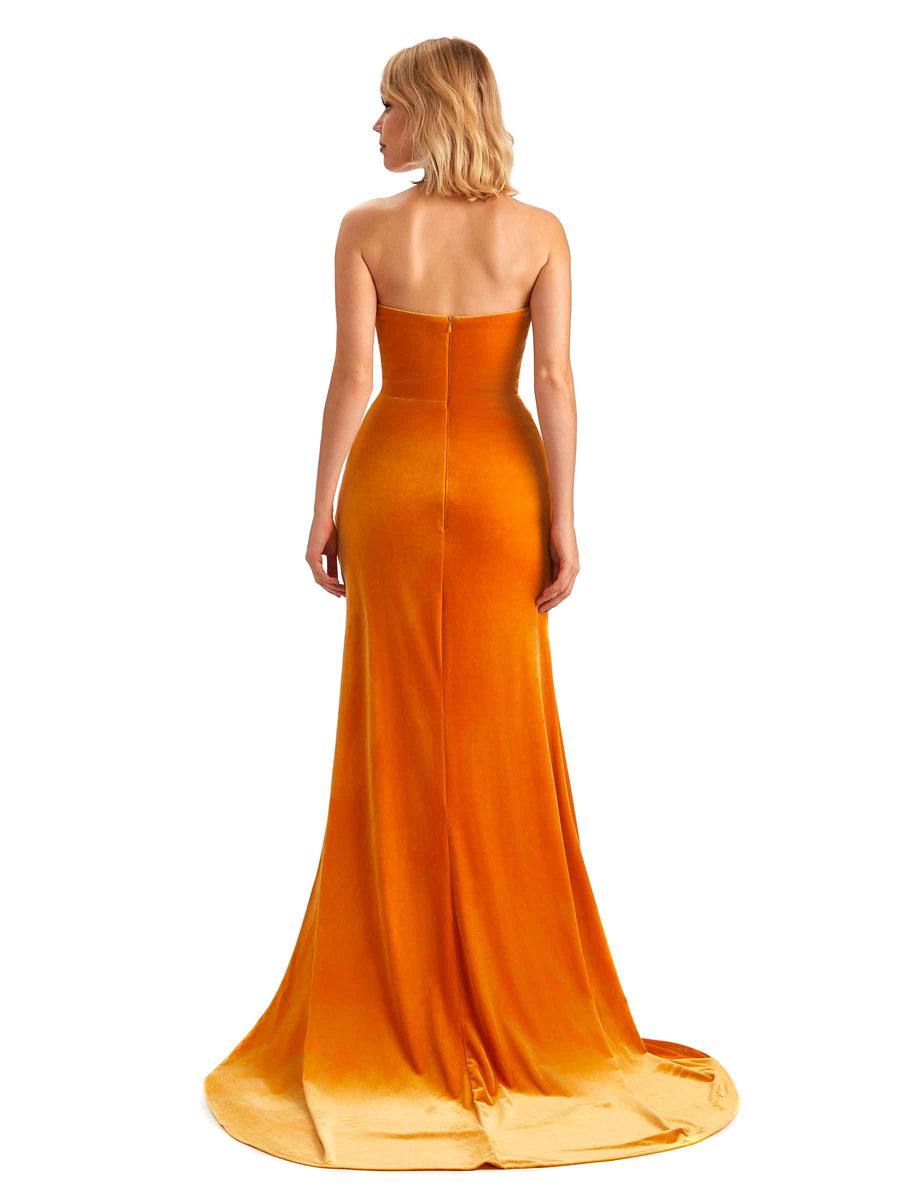 Sexy Side Slit Mermaid Strapless Velvet Long Bridesmaid Dresses Online
