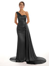 Elegant One Shoulder Soft Satin Pleats Mermaid Long Bridesmaid Dresses Online  In Stock