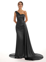 Black One Shoulder Satin Long Bridesmaid Dresses