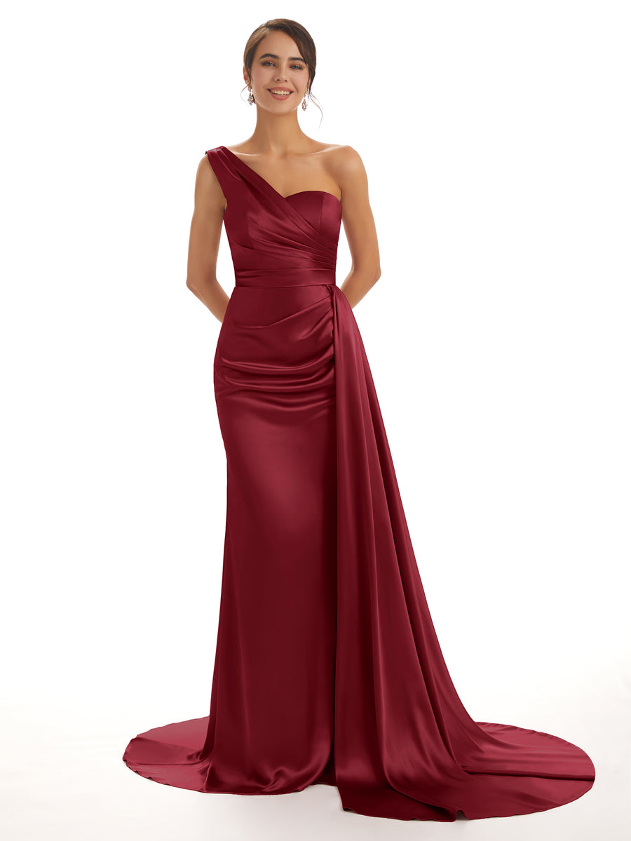 Elegant One Shoulder Soft Satin Pleats Mermaid Long Bridesmaid Dresses Online In Stock