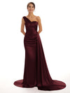 Elegant One Shoulder Soft Satin Pleats Mermaid Long Bridesmaid Dresses Online  In Stock