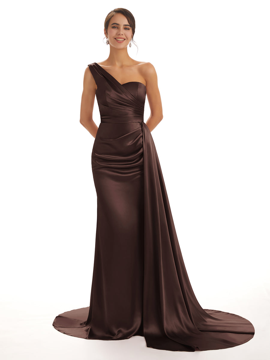 Elegant One Shoulder Soft Satin Pleats Mermaid Long Bridesmaid Dresses Online In Stock