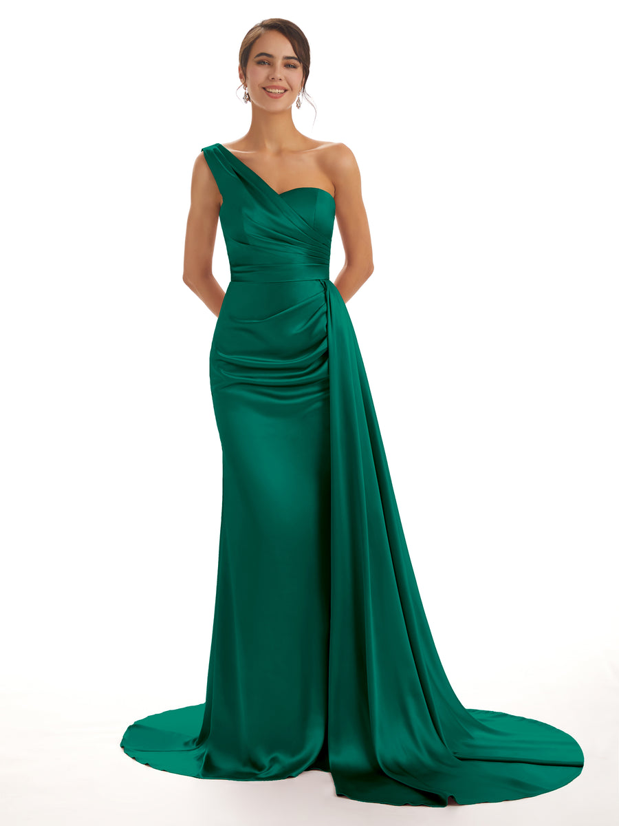 Elegant One Shoulder Soft Satin Pleats Mermaid Long Bridesmaid Dresses Online In Stock