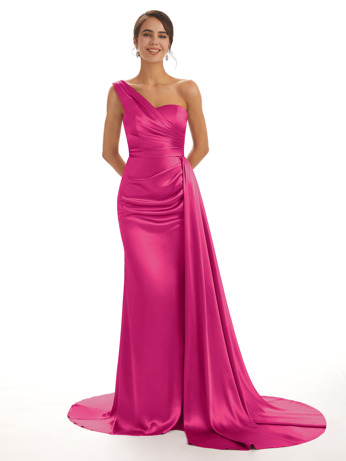 Elegant One Shoulder Soft Satin Pleats Mermaid Long Bridesmaid Dresses Online In Stock
