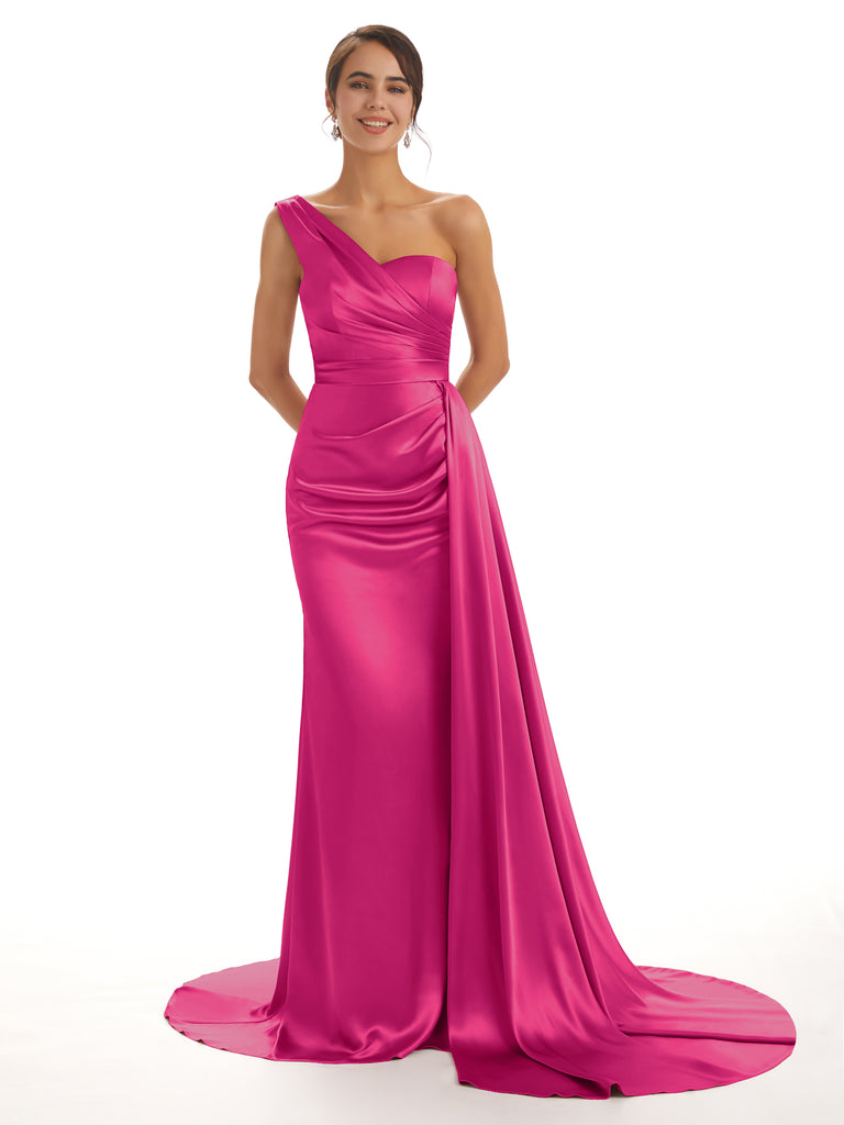 Elegant One Shoulder Soft Satin Pleats Mermaid Long Bridesmaid Dresses Online  In Stock