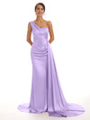 Elegant One Shoulder Soft Satin Pleats Mermaid Long Bridesmaid Dresses Online  In Stock