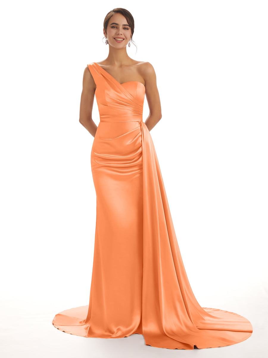 Elegant One Shoulder Soft Satin Pleats Mermaid Long Bridesmaid Dresses Online In Stock