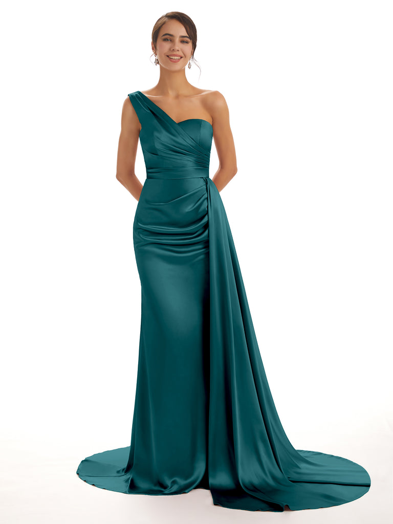 Elegant One Shoulder Soft Satin Pleats Mermaid Long Bridesmaid Dresses Online In Stock - ChicSew Elegant One Shoulder Soft Satin Pleats Mermaid Long Bridesmaid Dresses Online In Stock - ChicSew