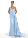 Elegant One Shoulder Soft Satin Pleats Mermaid Long Bridesmaid Dresses Online  In Stock