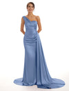 Elegant One Shoulder Soft Satin Pleats Mermaid Long Bridesmaid Dresses Online  In Stock