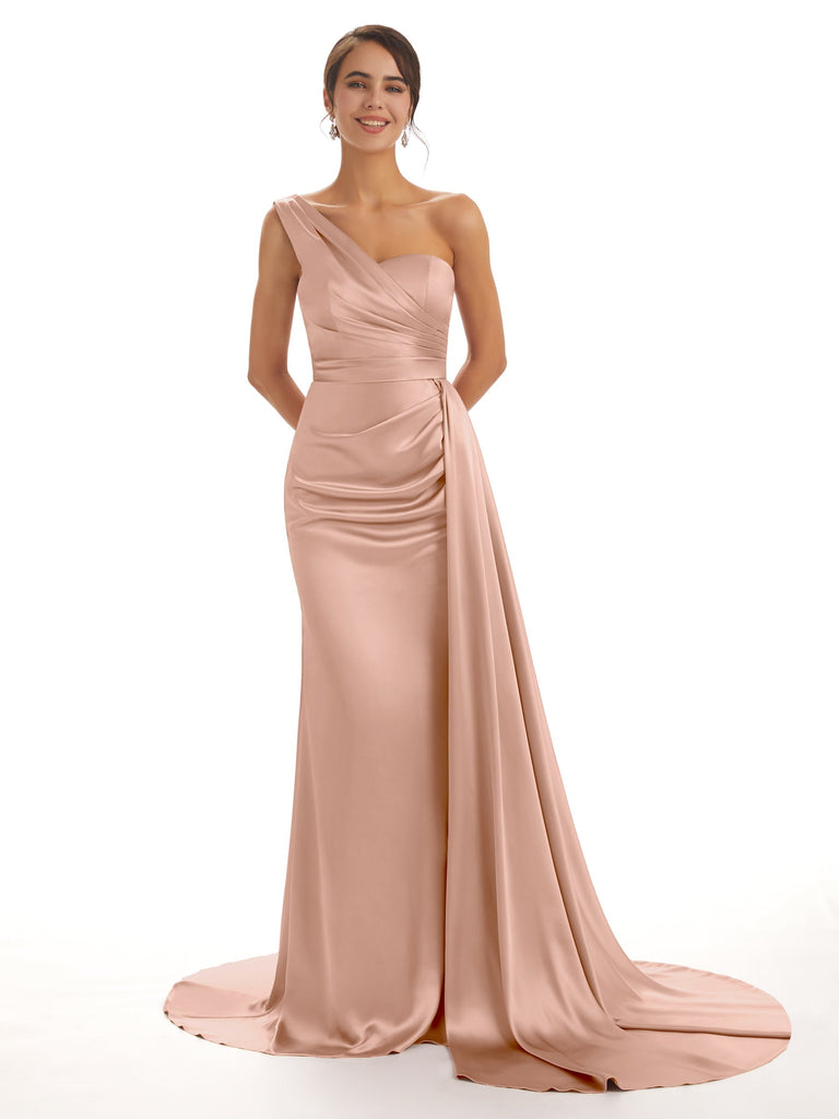 Elegant One Shoulder Soft Satin Pleats Mermaid Long Bridesmaid Dresses Online  In Stock