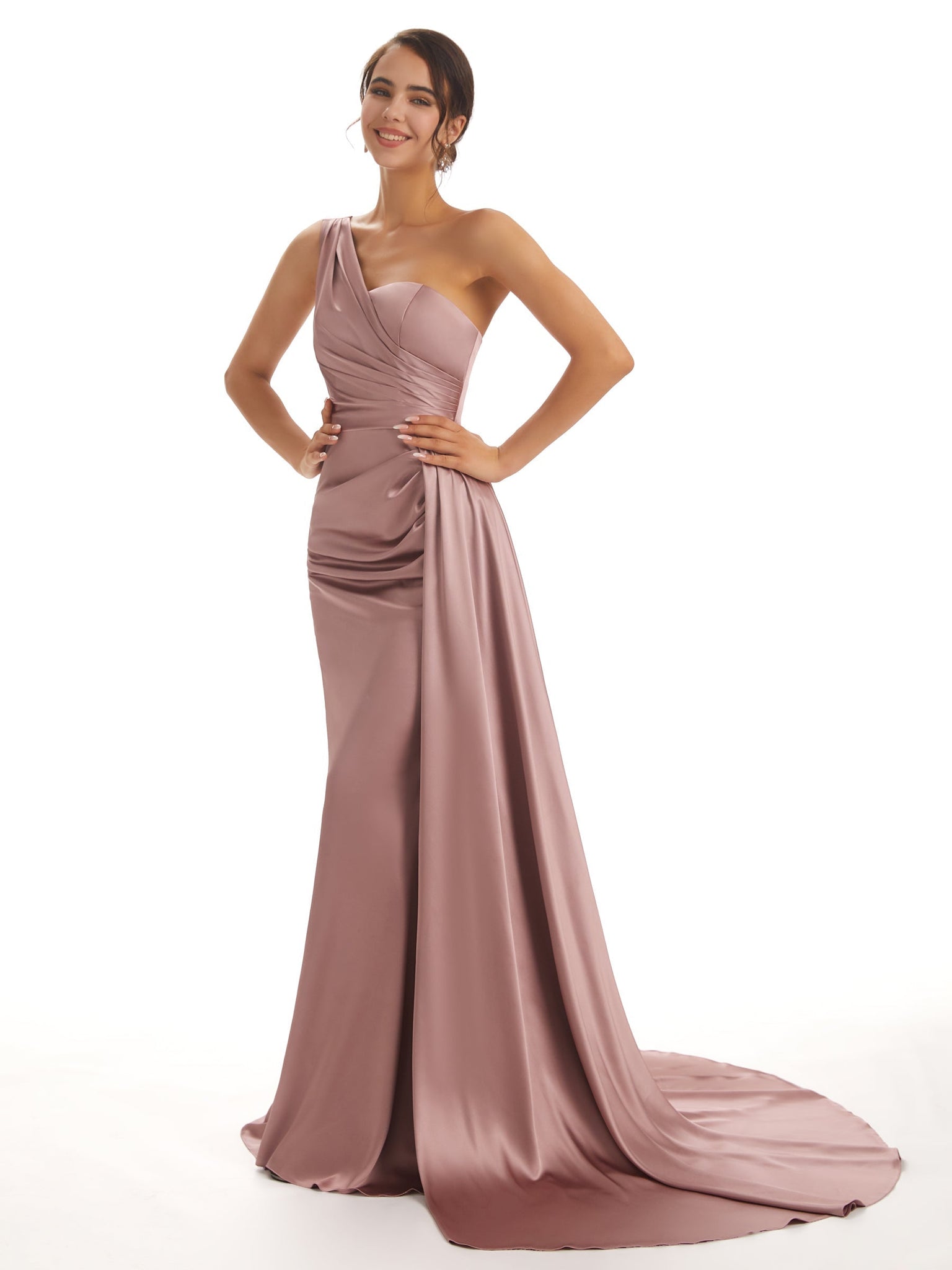 Summer One Shoulder Satin Long Bridesmaid Dresses