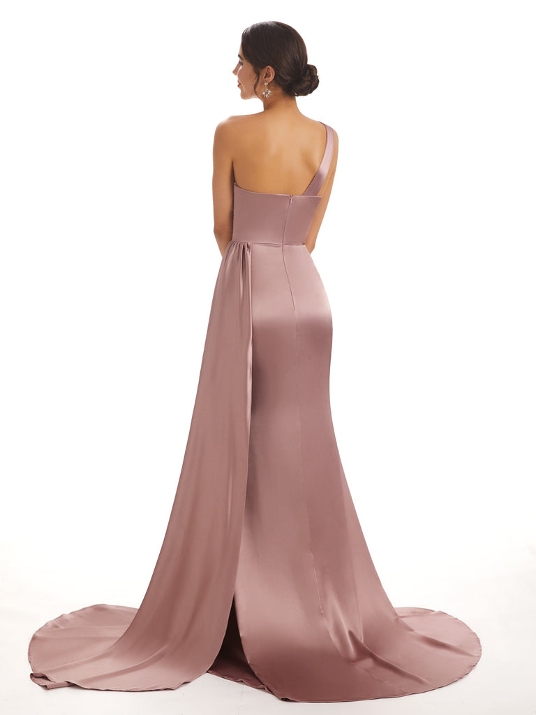 Winter One Shoulder Satin Long Bridesmaid Dresses