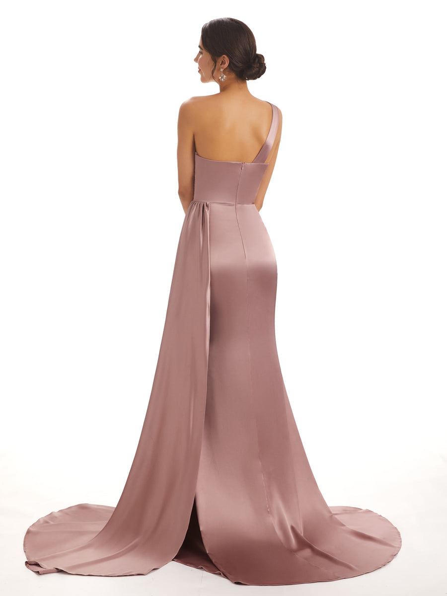 Black One Shoulder Satin Long Bridesmaid Dresses