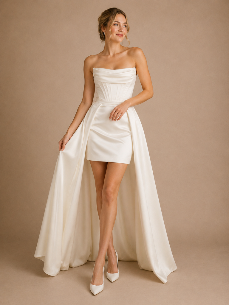 ChicSew Fancy Strapless Ruching Sheath Sleeveless Satin Wedding Dress With Boning