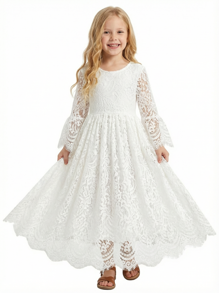 Long Sleeve Lace Flower Girl Dress Round Neck Midi Length A-Line Formal Party Dress
