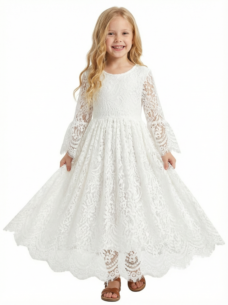 Long Sleeve Lace Flower Girl Dress Round Neck Midi Length A-Line Formal Party Dress