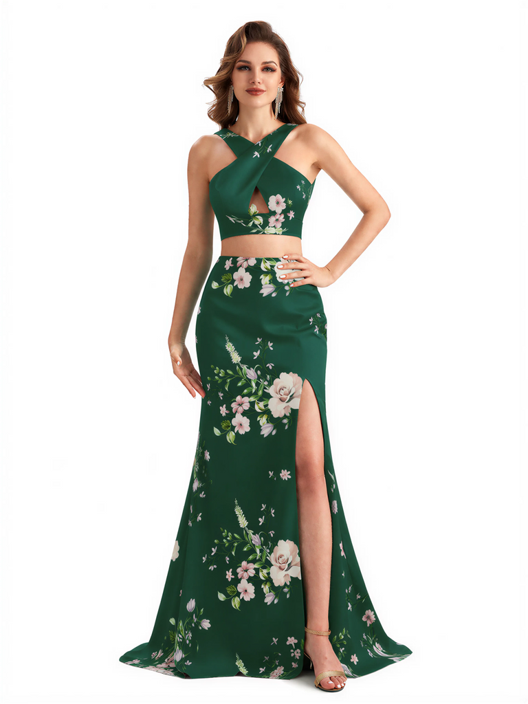 Beautiful Mermaid Halter Two Pieces Floral Satin Maxi Floral Formal Dresses For Women
