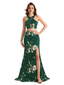 Beautiful Mermaid Halter Two Pieces Floral Satin Maxi Floral Formal Dresses For Women