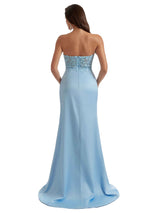 Gorgeous Strapless Sweetheart Lace Mermaid Satin Long Bridesmaid Dresses Side Slit