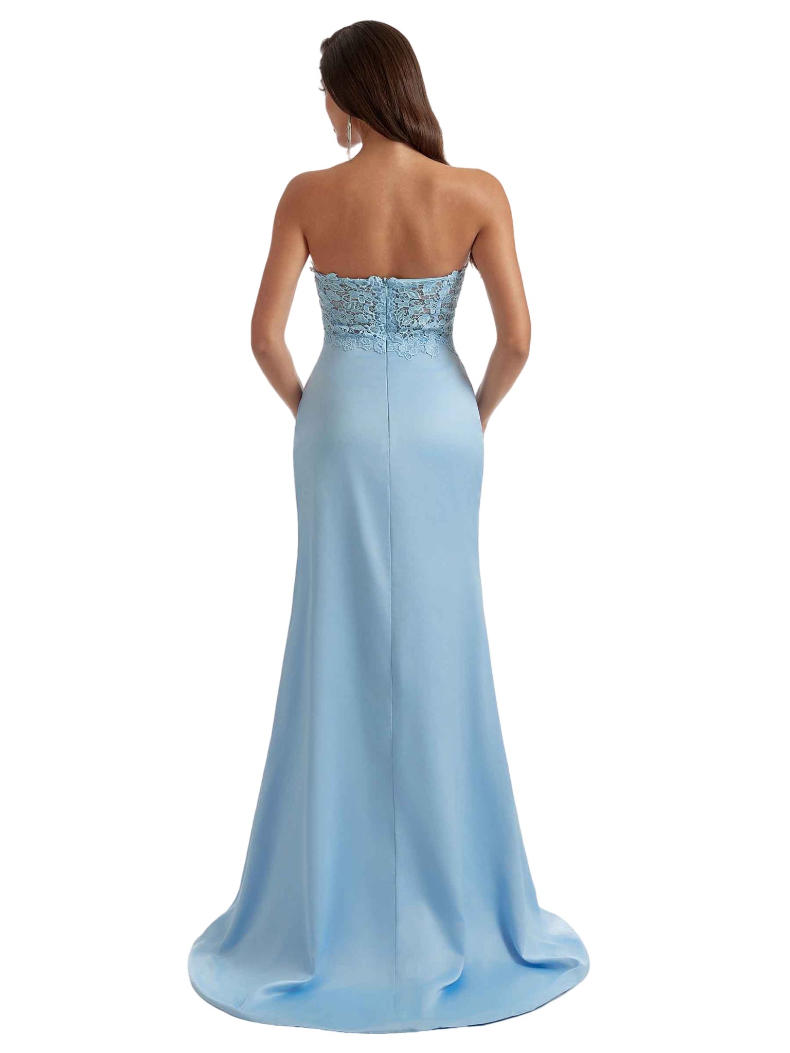 Gorgeous Strapless Sweetheart Lace Mermaid Satin Long Bridesmaid Dresses Side Slit