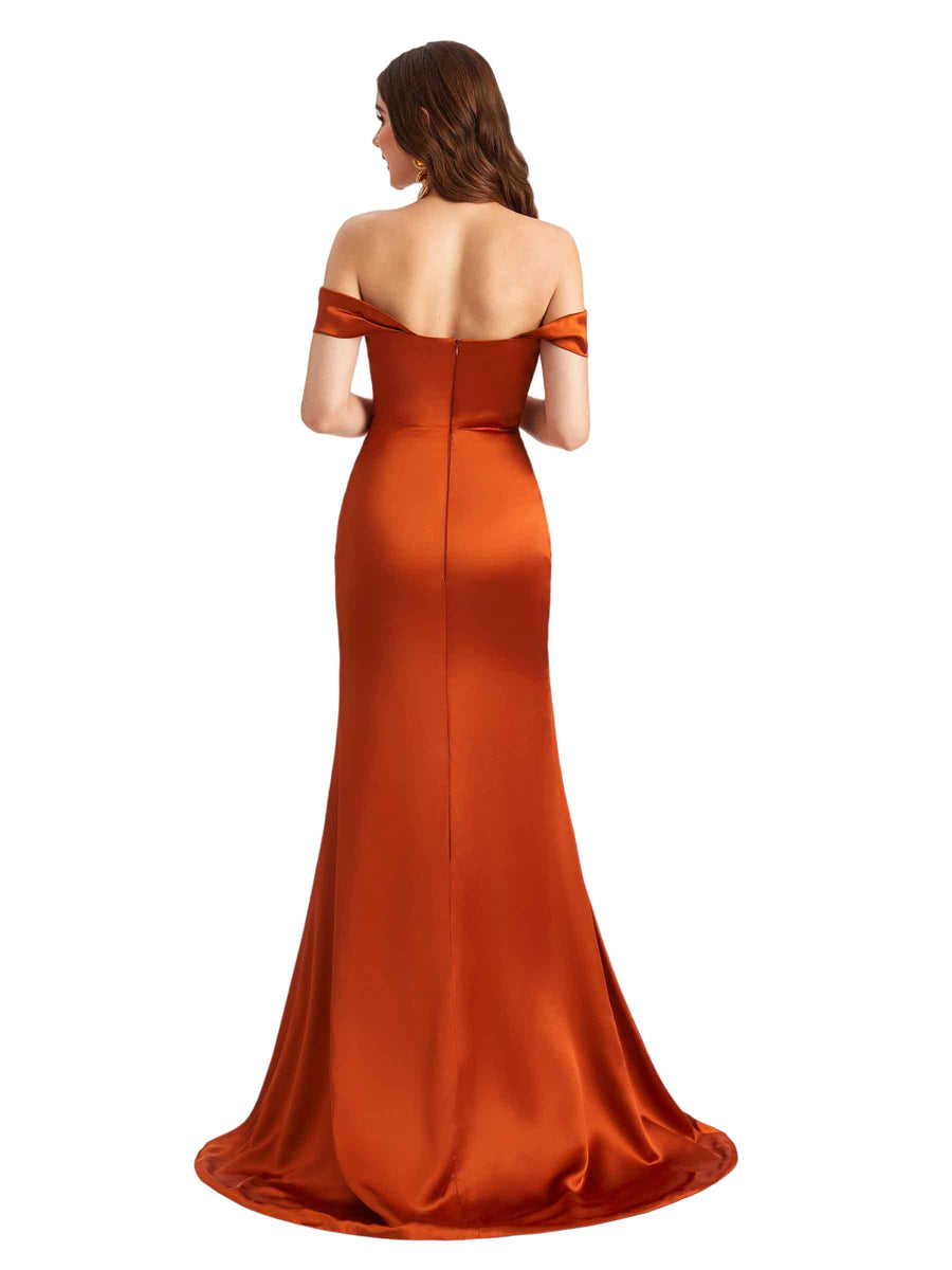 Sexy Off The Shoulder Silky Satin Side Split Mermaid Long Bridesmaid Dresses