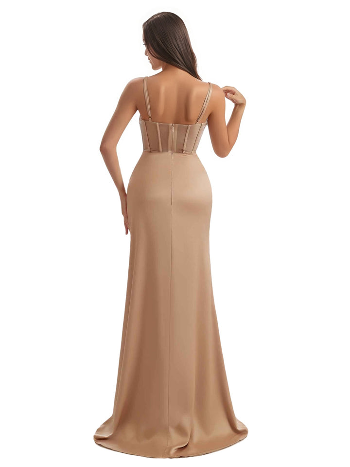 Elegant Mermaid Pleats Side Slit  Soft Satin Long Bridesmaid Dress For Wedding Spaghetti Strap
