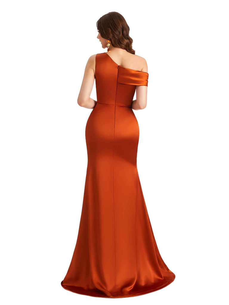 Sexy Silky Satin One Shoulder Boning Mermaid Long Bridesmaid Dresses Online