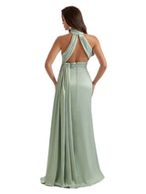 Elegant Mermaid Halter Soft Satin Long Bridesmaid Dresses Slit For Wedding