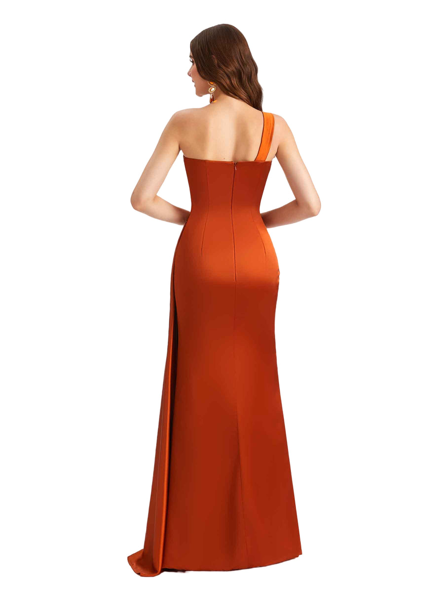 Modern One Shoulder Silky Satin Mermaid Long Bridesmaid Dresses Online Side Split
