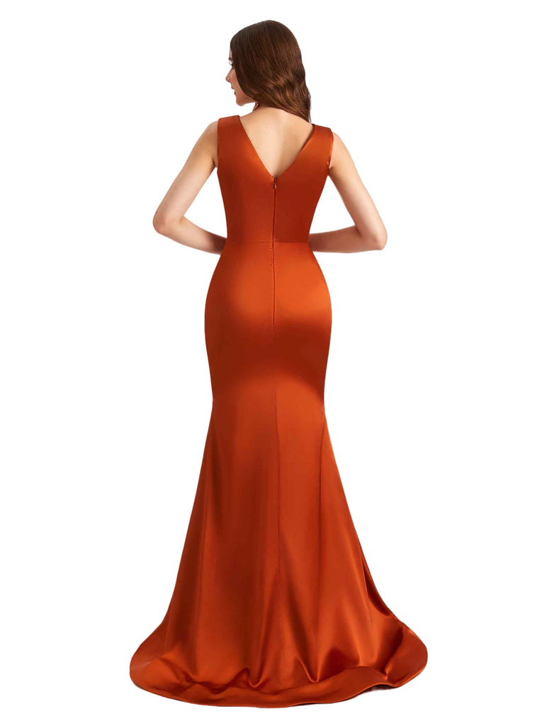 Elegant Deep V-Neck Silky Satin Pleated Mermaid Long Bridesmaid Dresses Online