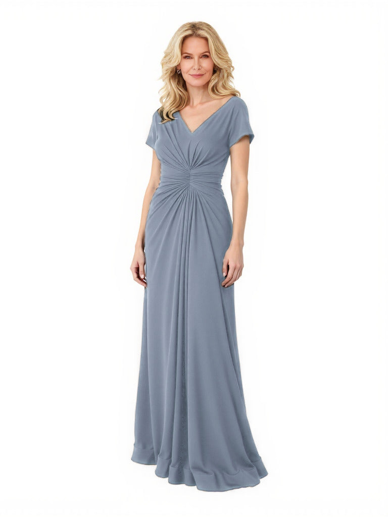 Elegant Chiffon Short Sleeves V-Neck A-Line Ruched Long Mother of The Bride Dresses