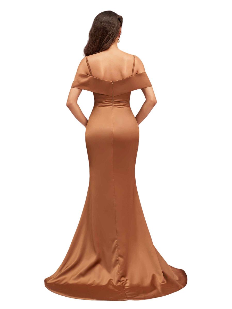 Sexy Cold Shoulder Soft Satin Mermaid Long Bridesmaid Dresses Online