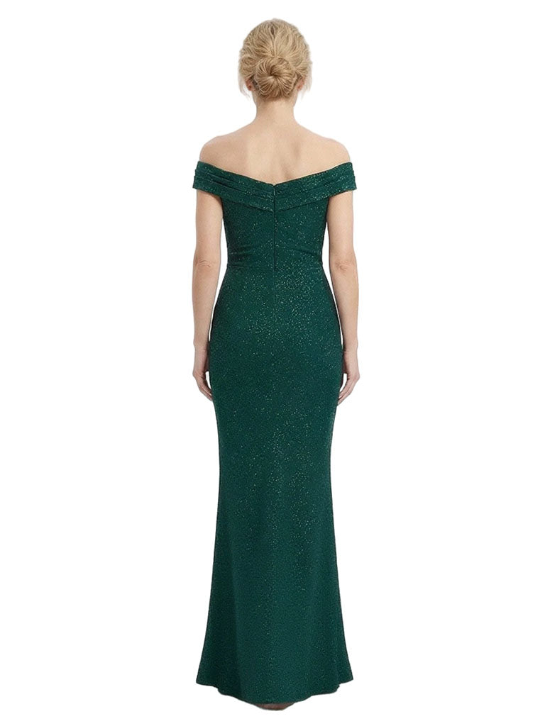 Elegant Off Shoulder V-Neck Mermaid Glitter Jersey Floor-Length Mother Of The Bride Dresses