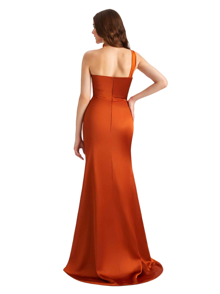 Elegant One Shoulder Side Split Mermaid Long Satin Bridesmaid Dresses Online