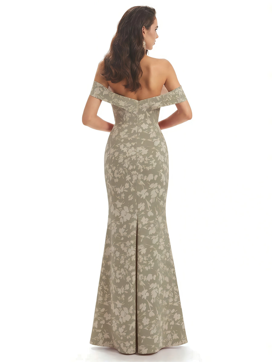 Elegant Off Shoulder Mermaid Floral Satin Maxi Floral Formal Evening Dresses
