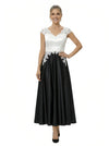 Elegant Black And White Satin V-Neck A-Line Cap Sleeves Ankle-Length Mother Of The Bride Dresses