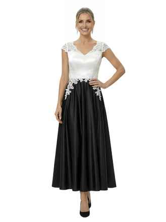 Elegant Black And White Satin V-Neck A-Line Cap Sleeves Ankle-Length Mother Of The Bride Dresses