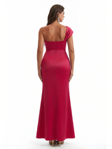 Sexy One Shoulder Ruched Satin Mermaid Formal Satin Floor Length Evening Dresses Slit