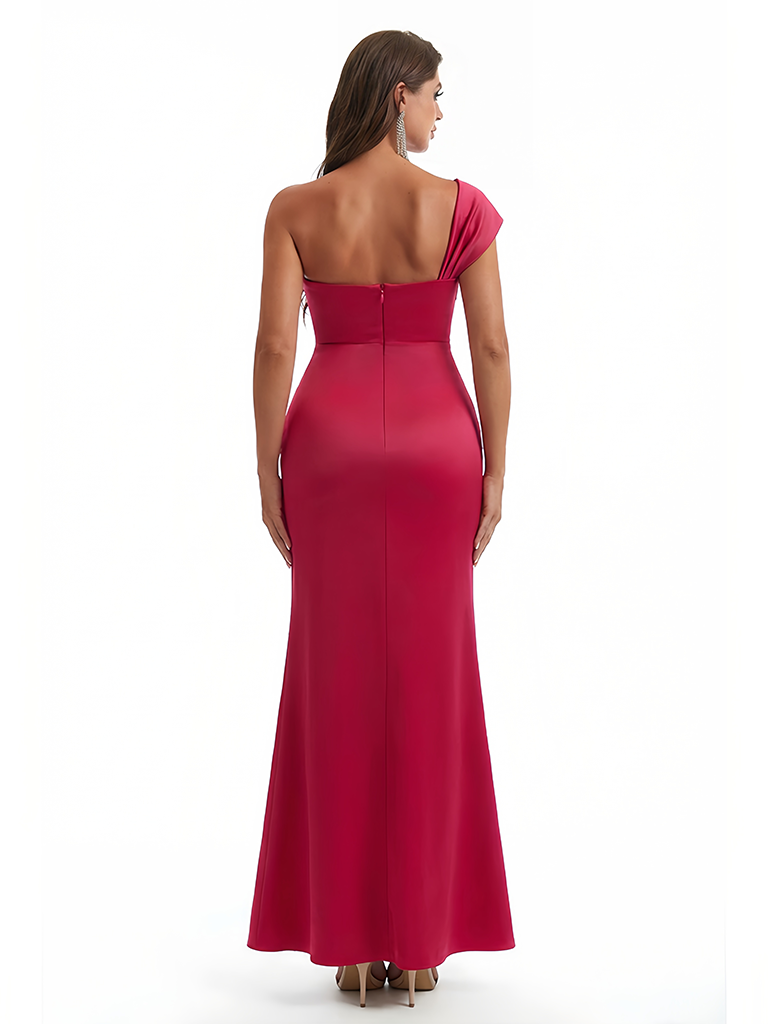 Sexy One Shoulder Ruched Satin Mermaid Formal Satin Floor Length Evening Dresses Slit
