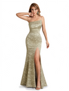 Elegant Strapless Side Slit Mermaid Long Satin Floral Formal Dresses For Women