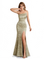 Elegant Strapless Side Slit Mermaid Long Satin Floral Formal Dresses For Women