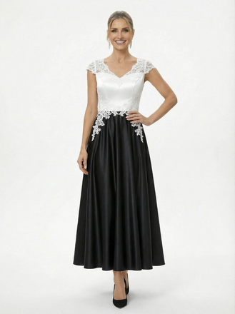 Elegant Black And White Satin V-Neck A-Line Cap Sleeves Ankle-Length Mother Of The Bride Dresses